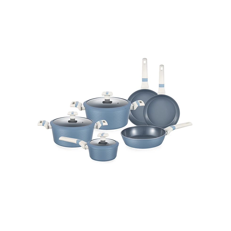 Patent Design Sjöjungfru Blå Färg Smidd Aluminium Non-Stick Köksredskap Set